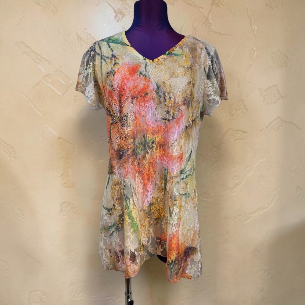 Brittany Black Women Floral Lace Rhinestone V-Neck Tunic Top Large Vintage